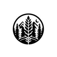 A minimalist forest scene enclosed in a circle. It depicts trees, mountains, and a crescent moon. vector