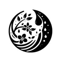 Elegant Black and White Floral and Water Drop Yin Yang Composition, Symbolic of Balance, Harmony, and Natures Elements vector