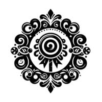 Intricate symmetrical black and white artwork of a stylized lollipop at the center, encircled by ornate, swirling floral and geometric elements, creating an elegant, decorative . vector