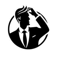 Silhouette of a dapper businessman, clad in a suit and tie, thoughtfully touching his temple within a circular frame, conveying contemplation. vector