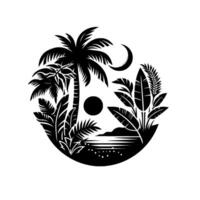 Serene Tropical Scene Silhouette of Palm Trees, Lush Foliage, Moon, Sun, and Beach Elements in a Circular, Black and White . vector
