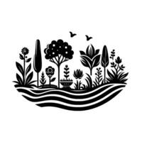 A stylized, black and white illustration of a lush garden scene, featuring a variety of flora, trees, and undulating ground with birds in flight. vector