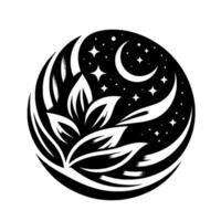 Celestial Lotus A stylized black and white illustration featuring a blooming lotus, crescent moon, and stars within a circular frame, evoking peace. vector
