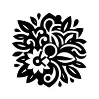 Abstract Floral Motif in Bold Black and White, Featuring Stylized Petals, Leaves, and Intricate Geometric Elements, Composed Against a Pure White Background. vector