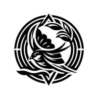 A stylized black and white avian emblem, featuring a swallow in flight, encircled by geometric shapes and botanical elements, rendered with bold lines, creating a symmetrical . vector