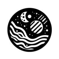 Circular Black and White Illustration Celestial bodies, waves, and starry night scene, a harmonious blend of space and sea. vector
