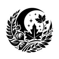 A stylized, monochromatic circular features a crescent moon amidst stars, encircled by autumnal elements like leaves, nuts, and foliage, suggesting a night scene. vector