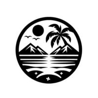 Minimalist Black and White Circular Tropical Paradise Scene with Mountains, Palm Tree, Sun, Birds, and Ocean Reflections. vector