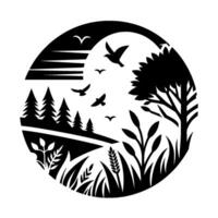 A stylized circular in black and white, showing a peaceful landscape with trees, fields, flying birds, and a stylized sun, evoking a sense of harmony and natures beauty. vector