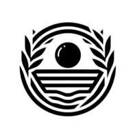 Monochromatic depicting a stylized sunrise or sunset over water, enclosed within a laurel wreath and circular frame. vector