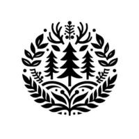 Intricate Black and White Circular Featuring Evergreen Trees, Antlers, and Foliage, Evoking a Sense of Nature and Minimalism. vector
