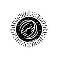 Stylized Black and White Celestial swirling orbital bands within a radiant sunburst, dotted with stars, and centered on a crescent. vector