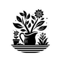 Black and White Botanical Illustration A stylized, minimalist featuring a floral arrangement in a pitcher, flanked by potted and openground flowers, set against a backdrop of horizontal lines vector