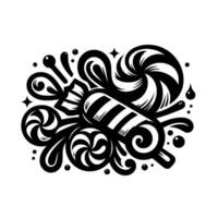 Bold Black and White Illustration of Candy with a Striped Lollipop, Swirls, and Decorative Elements on a White Background. vector