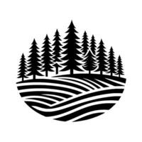 Monochromatic illustration A stylized forest of tall, dark evergreen trees rising above rolling, textured hills within a circular frame. vector
