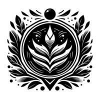 Intricate Black and White Floral Crest A symmetrical, ornamental composition featuring stylized leaves, a central floral motif, and a bold circular frame, evoking elegance. vector