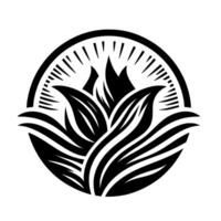 Intricate Black and White Floral Crest Stylized Lotus with radiating lines, enclosed within a circle, embodies elegance and simplicity. vector