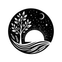 A circular minimalist black and white illustration showing a tree beside a stylized sunrise and a crescent moon amid a starry night sky. vector