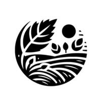 Minimalist Black and White Illustration of a Rural Landscape Enclosed in a Circle, Featuring a Large Leaf, Plants, Sun, and Fields. vector