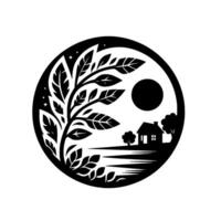A stylized, minimalist black and white illustration of a tranquil rural scene within a circle, featuring a tree, house, and celestial elements. vector