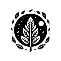 A stylized black and white illustration of a leafshaped tree framed within a circle depicting a night sky with surrounding leaves and a moon. vector
