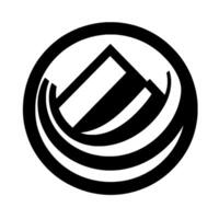 Abstract monochrome emblem featuring a geometric of a stylized mountain and stylized waves or curves contained within a circular border, set against a plain white background. vector