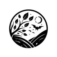 A minimalist, circular illustration featuring a silhouette of a tree with leaves, bat, crescent moon, and rolling hills, rendered in black and white. vector