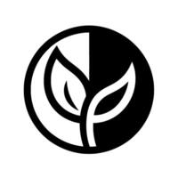 A symmetrical black and white featuring a plant with two leaves within a circle, split by a vertical line creating a yin yang effect. vector