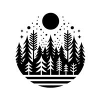 A minimalist black and white illustration of a serene forest scene, featuring a silhouetted moon, stars, and diverse evergreen trees within a circular frame, evoking a sense of tranquility. vector