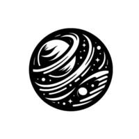 Monochromatic Minimalist Illustration of a Celestial Body Encircled by Rings, Dotted by Stars, Set Against a White Background. vector