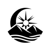 Black and White Geometric Featuring a Sunburst, Crescent Moon, Mountains, and Water in a Minimalist Style, Suggesting Day and Night in harmony. vector