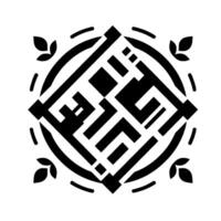 Geometric Black White Ornament A symmetrical arabesque with square within a circle and leaf details, a modern minimalist artwork. vector