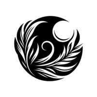 A stylized black and white circular emblem featuring stylized floral elements, a crescent moon, and an elegant swirl, evoking a sense of balance and harmony. vector