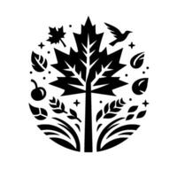A stylized black and white illustration of a tree with leaves, a bird, and other natural elements in an oval composition. vector