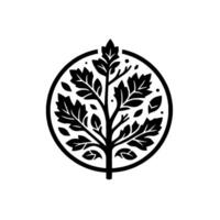 A minimalist, symmetrical black and white illustration of a stylized tree with intricate leaves contained within a circular frame. vector