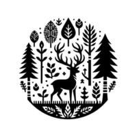 A stylized, black and white woodland scene, featuring a majestic stag within an oval frame of trees and foliage, evoking a sense of serene nature. vector