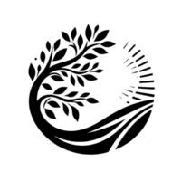 A stylized, symmetrical composition depicting a black silhouette of a tree intertwined with the suns rays and a winding path, contained within a circular frame against a stark white background. vector