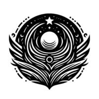 Symbolic Black and White Celestial Mandala with Wings, Stars, and Circular on White Background vector