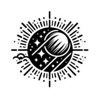 A stylized black and white illustration featuring a celestial scene, a central planet with a striped orb and stars radiates energy lines in a circular composition. Clouds sit at the base. vector