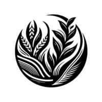 Elegant black and white illustration of stylized wheat and leaf forms within a circular frame, suggestive of nature and balance. vector
