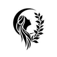 Elegant Silhouette A womans profile framed by a crescent moon and laurel, embodying grace and serenity with a minimalist aesthetic. vector
