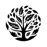Symbolic black and white circular tree illustration representing growth, nature, and environmental awareness, composed of stylized leaves and branches. vector
