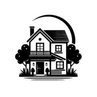 A stylized, black and white illustration of a twostory house with trees and a semicircular accent, capturing a sense of suburban tranquility. vector
