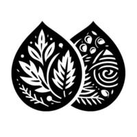 Stylized Black and White Artwork Featuring Two Intertwined TeardropShaped Forms, Each Adorned with Intricate Leaf and Floral Designs. vector