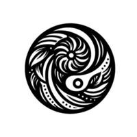 Yin Yang Mandala in Black and White A detailed, decorative circular with spiral patterns, leaves, and dots, representing harmony and balance. vector