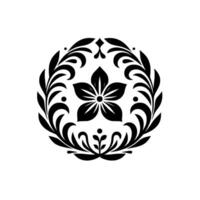 Symmetrical Floral Crest A striking black and white featuring a stylized fivepetal flower encircled by ornate leaf patterns and delicate embellishments against a clean white backdrop. vector