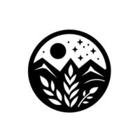 A minimalist black and white illustration of a nature scene within a circle, featuring mountains, a moon, stars, and stylized foliage. vector