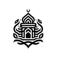 Modern Geometric Illustration of a Mosquelike Structure with Crescent Moon and Floral Elements, in Black White, Minimalist . vector