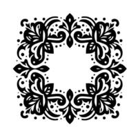 A symmetrical, black and white ornamental floral , featuring a square border composed of stylized leaves, curls, dots, and geometric shapes, with an open center. vector