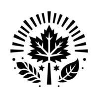 Black and white minimalist emblem A stylized maple leaf encircled by a radial burst, flanked by two leaves and star accents, exuding simplicity. vector